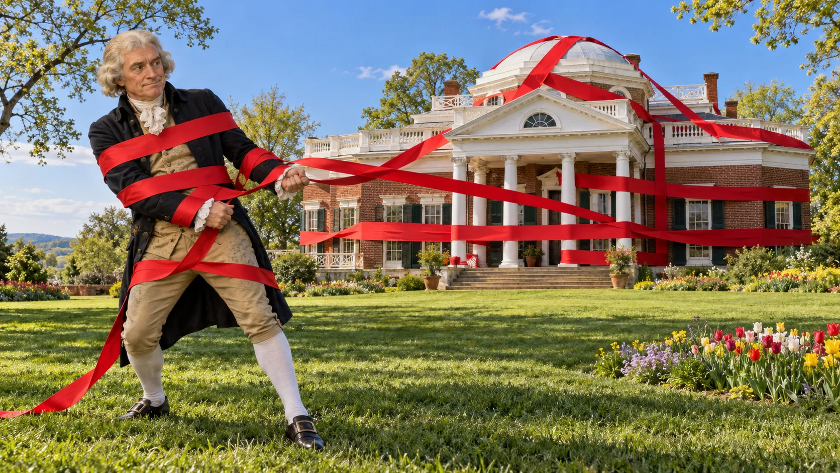 A man dressed as Thomas Jefferson, wrapped in red tape, tugs at the red ribbons tangled around a Monticello-style house.