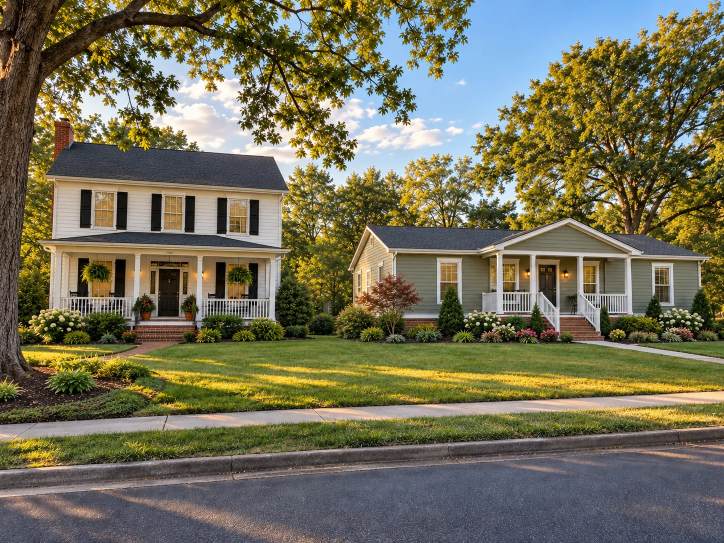 A new manufactured home with a covered front porch on its own lot next to a two-story traditional house on a tree-lined street.
